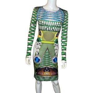 Mary Katrantzou Green/Blue Silk Long Sleeve Knee Length Dress sz XS